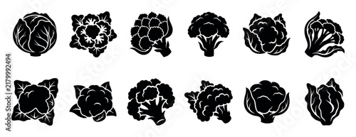 Black silhouette icons of cabbage and cauliflower vegetables in a stylized graphic collection showing different forms and angles for logo or design elements