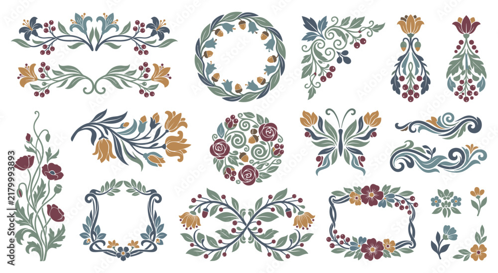 Obraz premium Floral vintage border frames in elegant botanical styles.