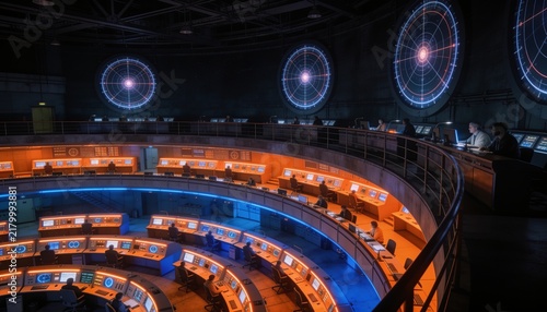 Tiered mission control room from upper balcony with curved rows of consoles, operators seen from above and behind, orange and blue glow, circular radar displays, dark cavernous hall