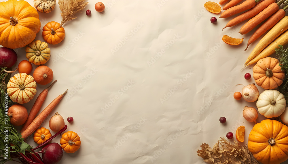 Fototapeta premium Top view autumn flat lay with harvest vegetables including pumpkins, carrots, onions, and berries framing a crumpled parchment paper background with center copy space.