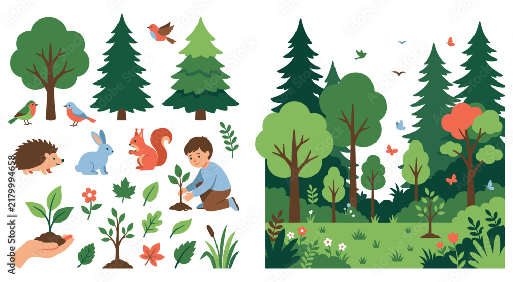 Naklejka premium Forest elements with trees plants boy planting seedling.