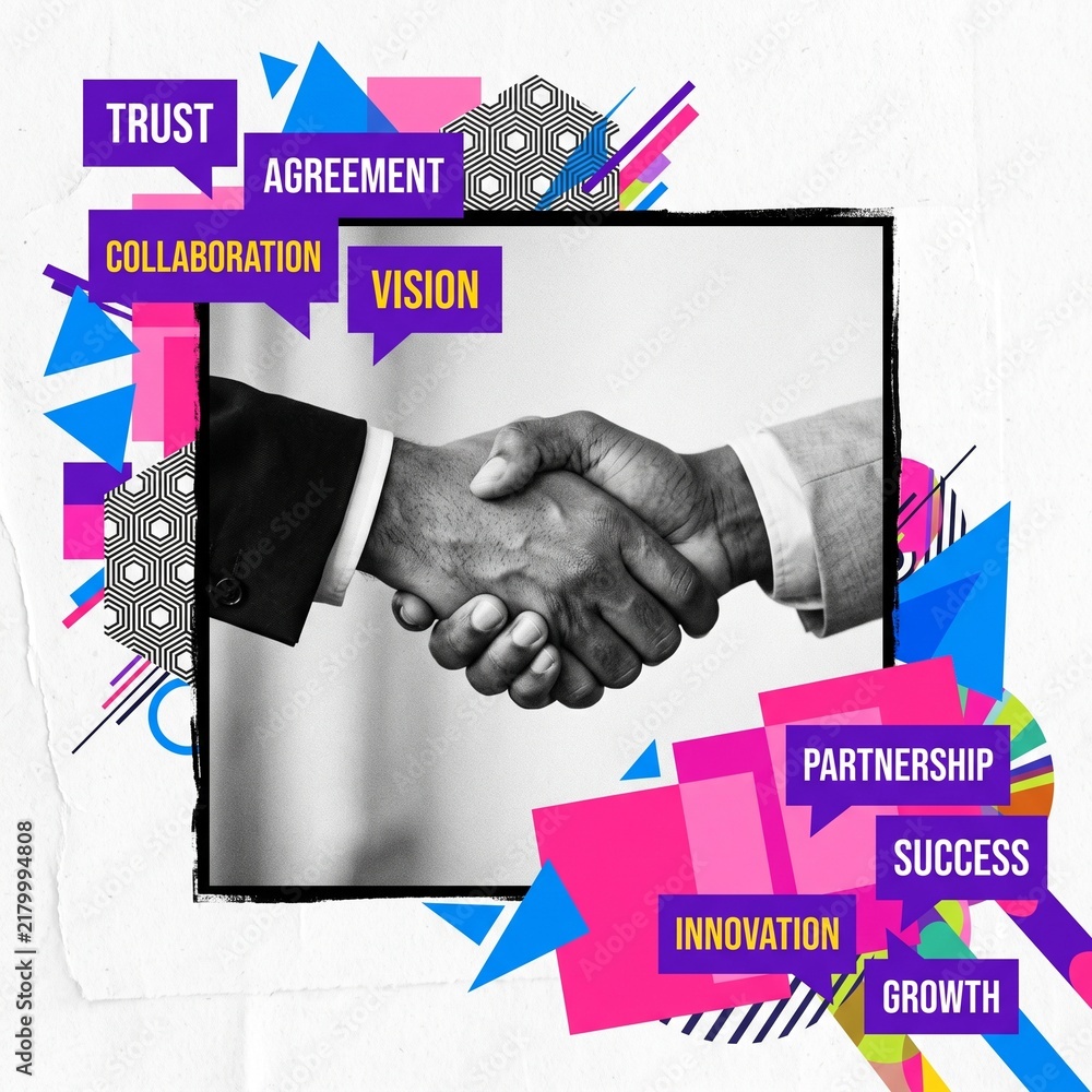 Fototapeta premium Vibrant handshake illustration with business success and partnership keywords overlay