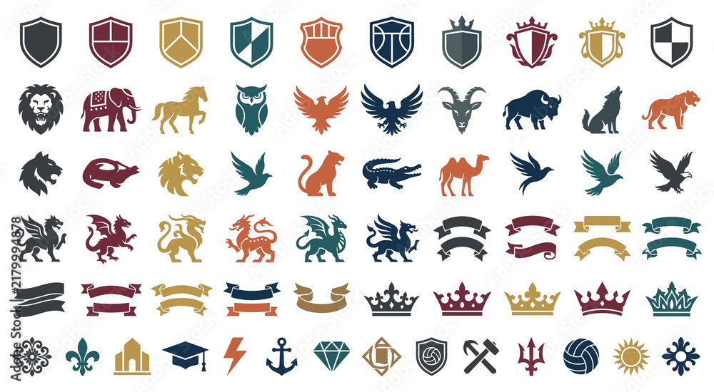 Obraz premium Shield emblem icon set for medieval heraldry branding.