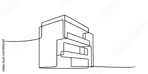 A minimalist line drawing of a contemporary multi‑story building with clean geometric shapes