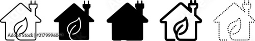 Eco friendly house silhouette in different styles with leaf symbol and plug for sustainable living concepts