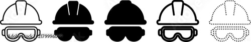 Construction safety helmets and goggles variations in outline and solid vector silhouette on white background