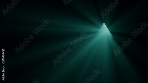 Cinematic teal light rays through triangular opening, mysterious dark volumetric lighting, abstract geometric beam background