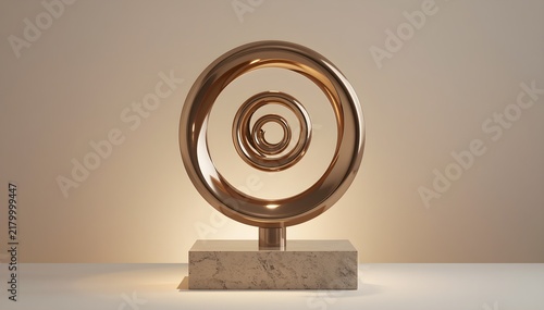 Decorative metallic spiral sculpture standing on a smooth stone base, neutral background, modern 3D design