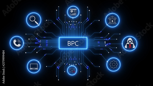 Digital concept of bpc displayed with glowing blue neon lines, connected of bank, magnifying glass, laptop, phone, gear, email, and a hacker figure on a dark black background