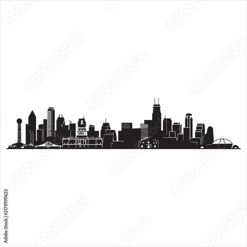 Black silhouette of a city skyline with skyscrapers and buildings on a white background.