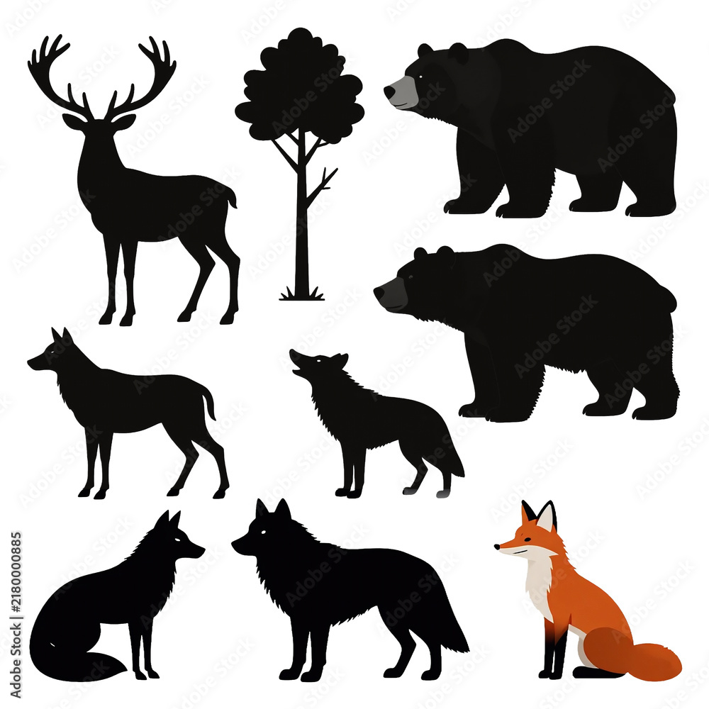 Fototapeta premium Wild animals silhouettes set with deer bear wolf and fox vector illustration isolated on transparent background