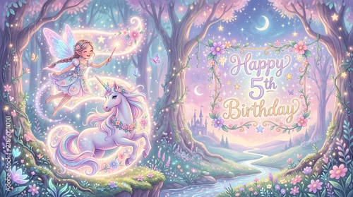 Fairy and unicorn celebrating fifth birthday in magical enchanted forest