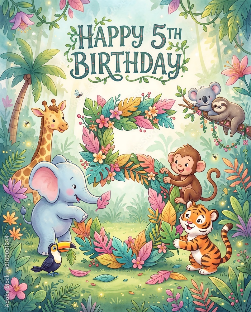Fototapeta premium Jungle animals surrounding leafy number five for fifth birthday celebration