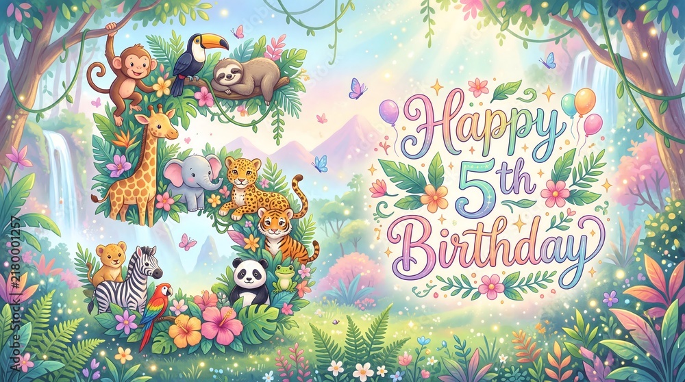Fototapeta premium Safari animals forming number five for fifth birthday in magical jungle