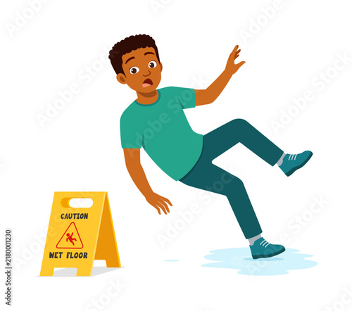 фотографія Shocked Black man falling on a wet floor next to a caution sign an accident illu