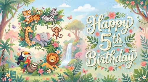 Jungle animals celebrating fifth birthday in tropical forest landscape