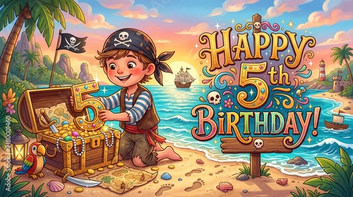 Young pirate discovering glowing number five treasure on tropical beach
