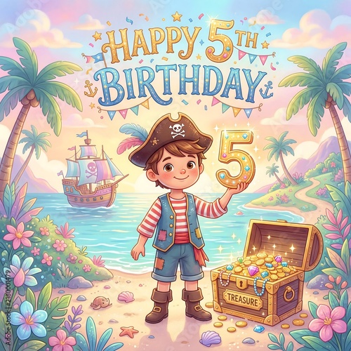 Young pirate holding glowing number five beside treasure chest on beach