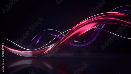 Abstract magenta fluid waves on black background, glossy 3d metallic ribbons, futuristic flowing light trails for tech design