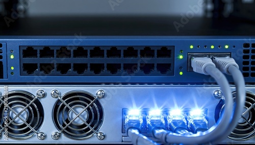 Obraz na płótnie Server hardware with network cables and glowing lights in data center technology