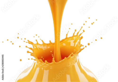 Fresh orange juice splash pouring down isolated on transparent background