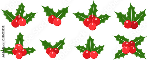 Set of vibrant Christmas holly berry sprigs, collection of green leaves with red berries, isolated holiday vector illustrations