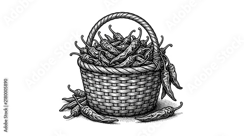 Bild auf Leinwand Vintage engraving of a basket full of chilies.