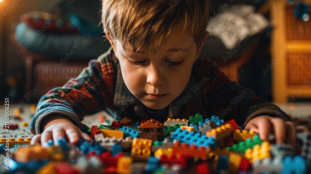 Obraz premium Young boy playing with colorful building blocks indoors