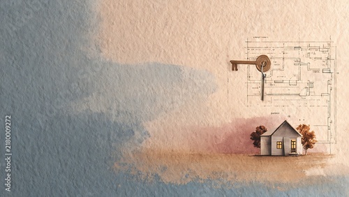Watercolor House Key And Home Blueprint Real Estate Concept