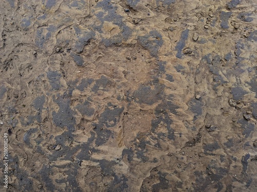 Top view close up background texture of wet muddy ground soil with dark damp patches and rough earthy surface