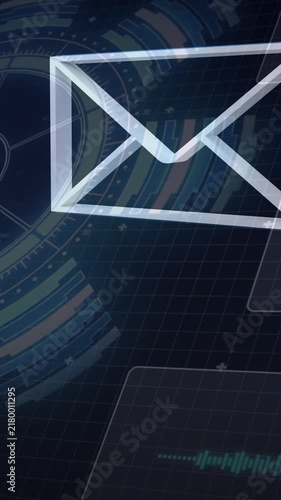 Digital animation of multiple message icons floating against round scanner on blue background