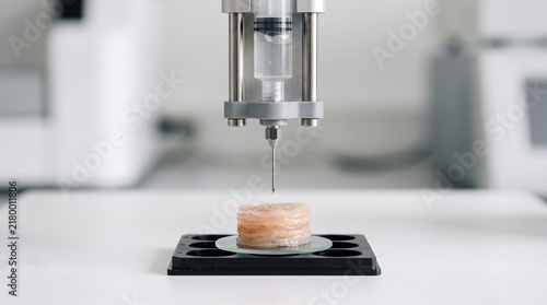 Bioprinter nozzle suspended above layered tissue sample, cultivated meat 3D printing technology concept