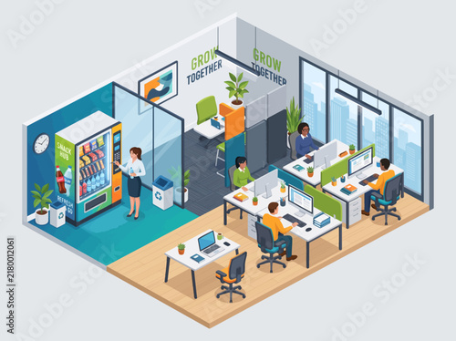 Isometric office interior with employees working and a snack vending machine in break area
