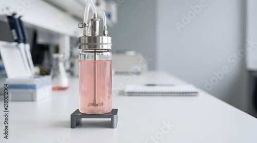 Clear bioreactor vessel with cell culture suspension on lab stand, cultivated meat technology and food science concept