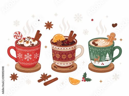 Set of three Christmas mugs with hot cocoa, mulled wine and coffee with gingerbread cookie