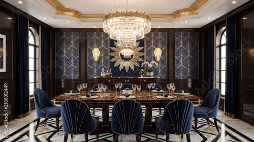 Elegant dining room interior with blue velvet chairs with gold decorative details velvet seating wooden luxurious dining room with room