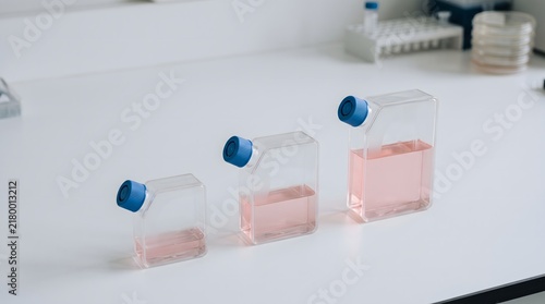 Cell culture flasks arranged in ascending row, cultivated meat scale up and food biotechnology concept