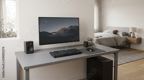 Minimalist gaming setup on desk with monitor keyboard mouse speaker and decor in modern bedroom with decorative items desk bedroom interior design