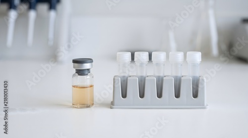 Nutrient broth vial beside sealed sample tube rack, cultivated meat production and food biotechnology concept