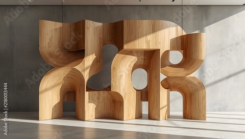 Contemporary wooden geometric sculpture with interlocking curved pieces, warm neutral tones, premium minimalist design