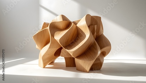 Contemporary wooden geometric sculpture with interlocking curved pieces, warm neutral tones, premium minimalist design