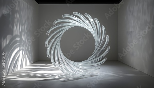 Abstract glass ribbons forming a flowing circular shape, transparent material, clean luxury studio background