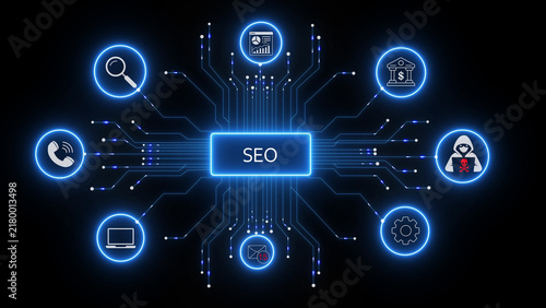 Fotografía Seo concept displayed with glowing blue circuitry network and various marketing