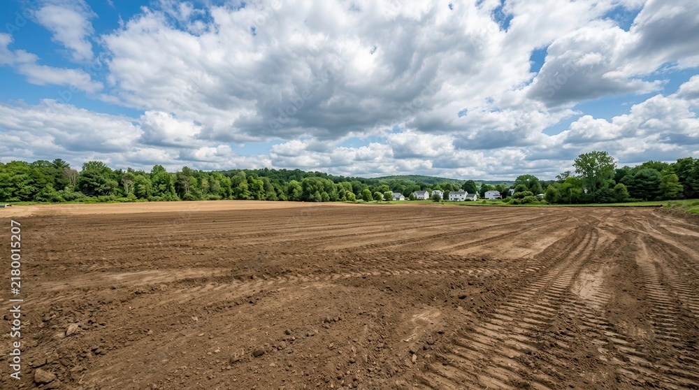 Obraz premium Freshly leveled dirt ground prepped for upcoming construction or landscaping projects.
