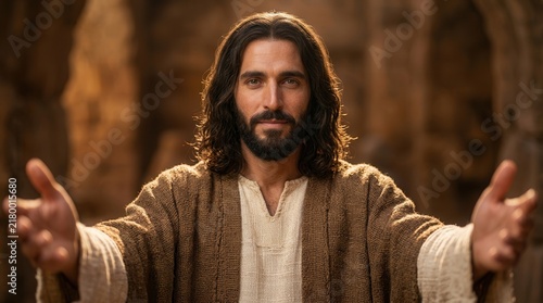 A portrait of Jesus Christ looking forward with open arms and a compassionate expression.