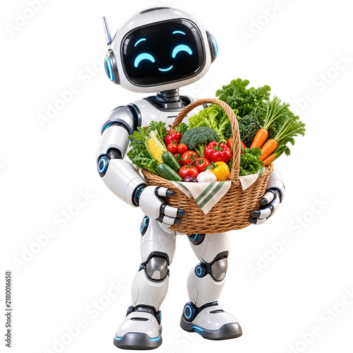 Cute Robot Carrying Basket of Fresh Vegetables