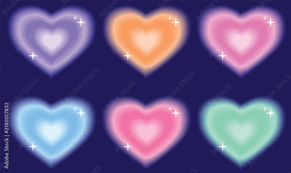 Fototapeta premium six colorful glowing aura gradient heart shapes with sparkles on dark blue background