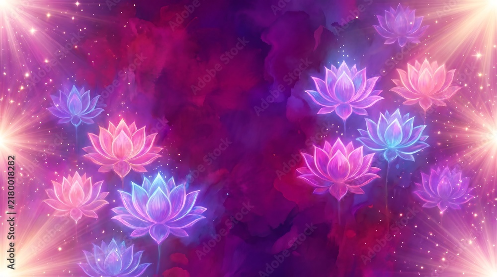 Fototapeta premium Neon lotus flowers bloom across a dark purple surface accompanied by glowing rays and sparkling dots.