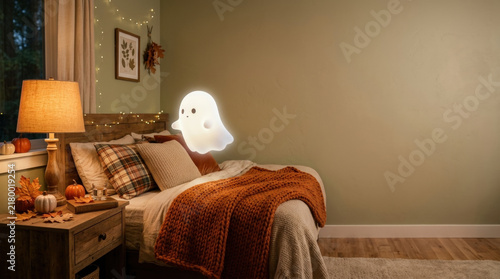 Cozy bedroom with warm lighting, autumn decor, plaid pillows, knitted blanket, and glowing ghost floating near bed creating playful and inviting atmosphere