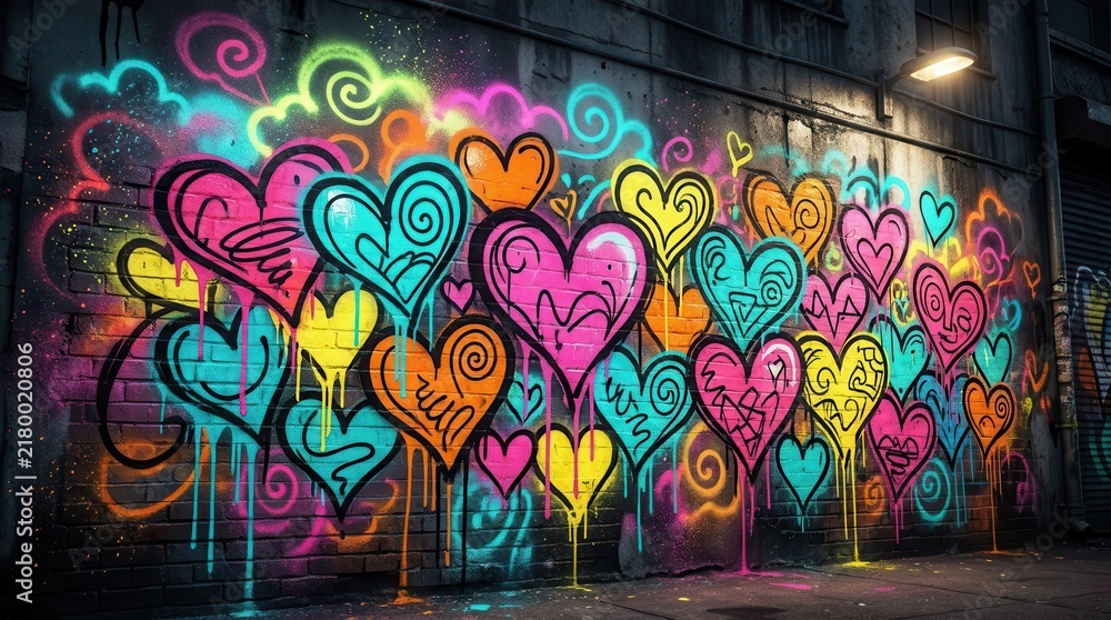 Fototapeta premium Abstract street art graffiti background featuring colorful hearts.